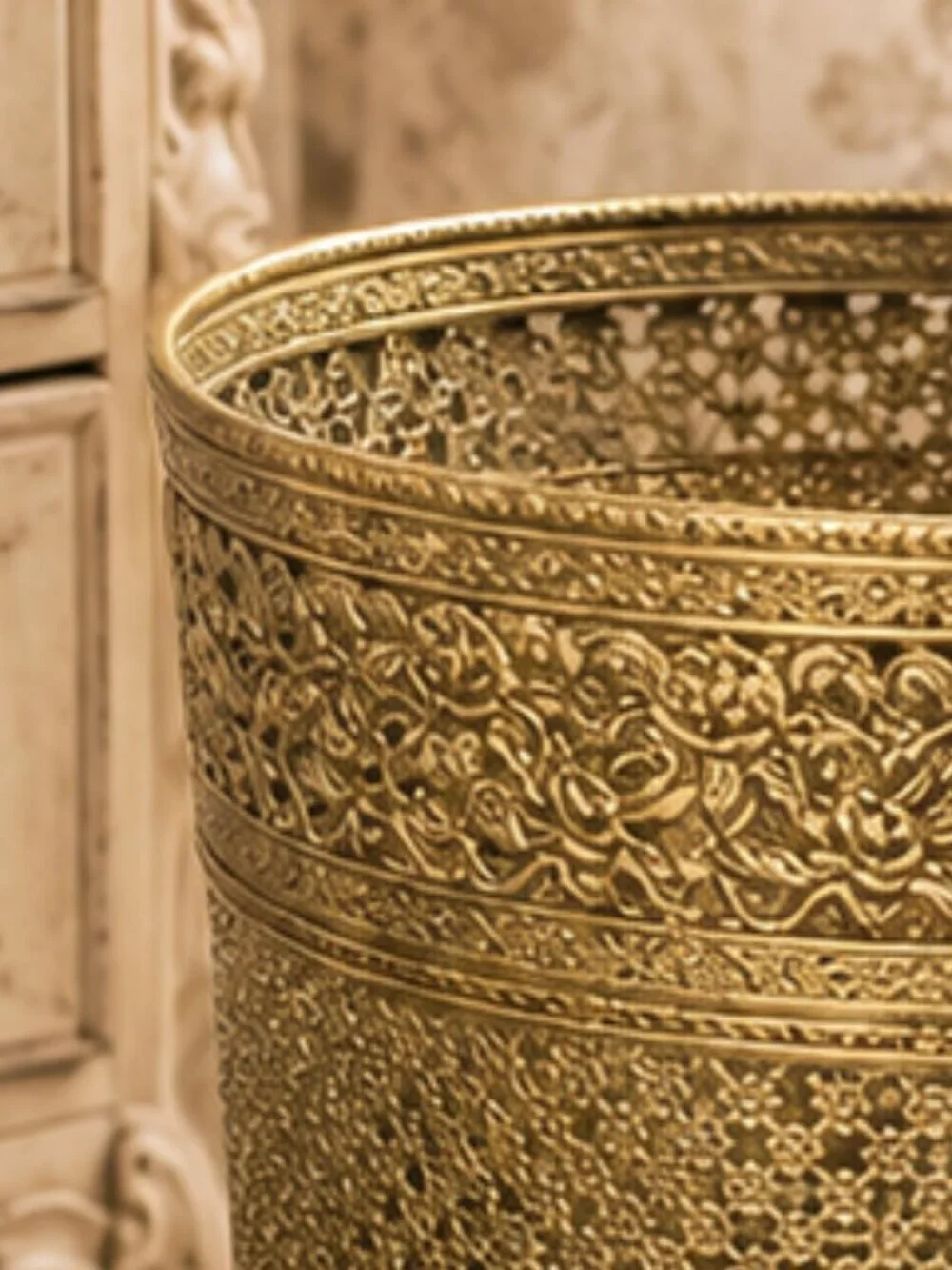 Rare Vintage Filigree Ornate Waste Basket Cover Hollywood Regency Style